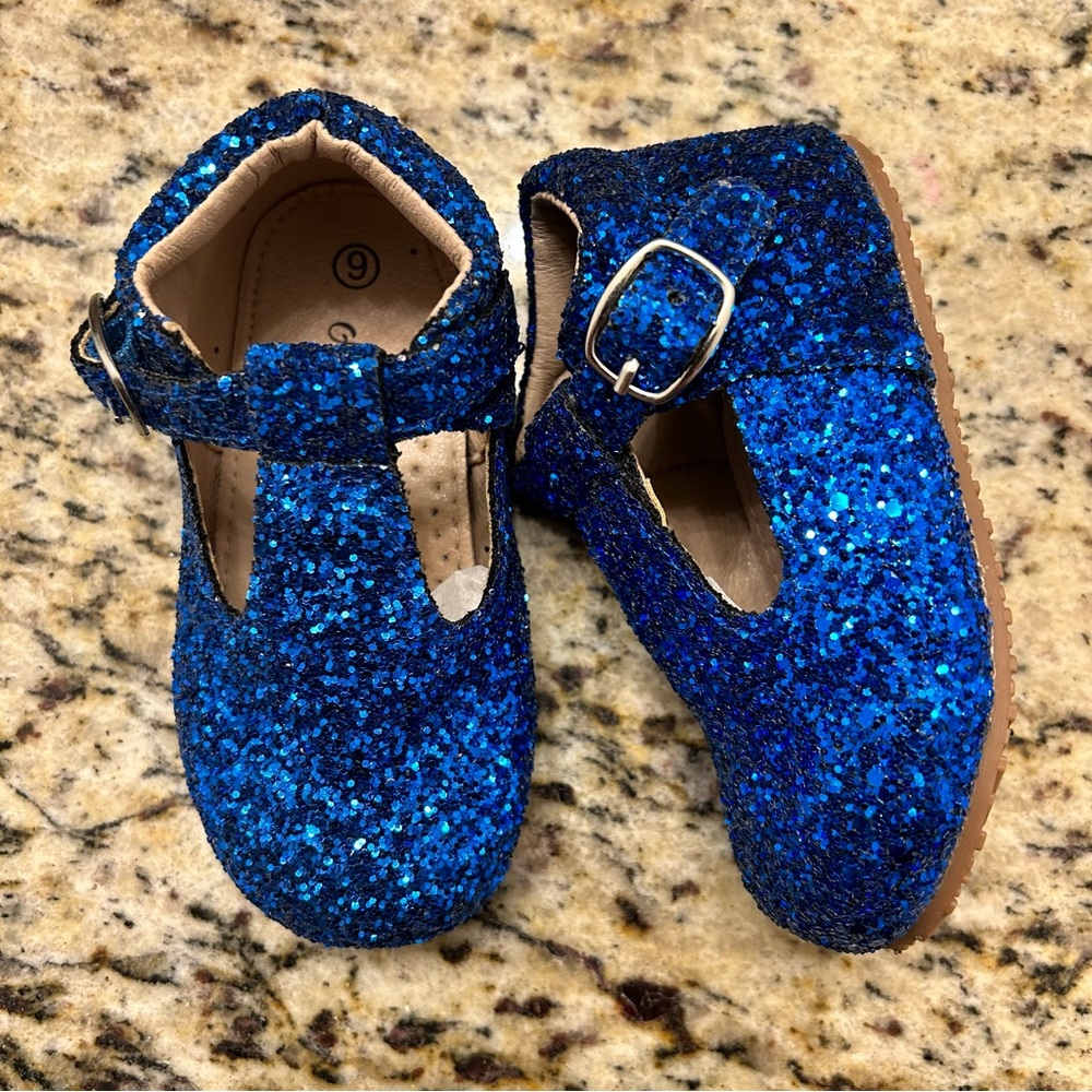 NEW A Bear Co TStrap Blue Glitter Flats Toddler Girl Size 6